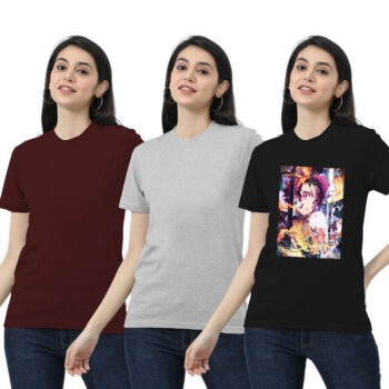 Womens 2-Solid With 1-Graphic T-shirt